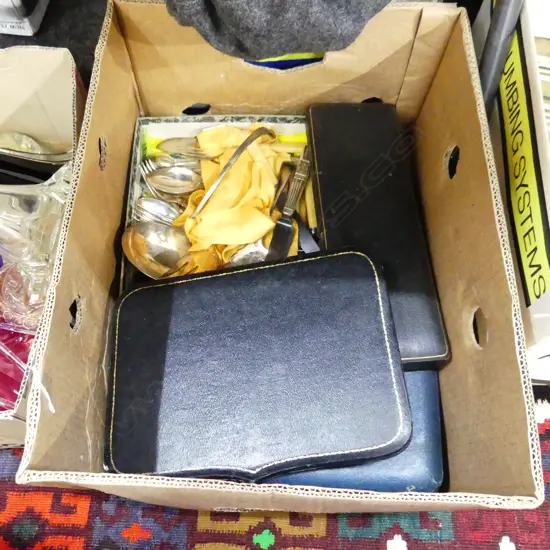 BOX VINTAGE SILVER PLATE CUTLERY, LOOSE & BOXED + EMPTY CUTLERY BOXES 