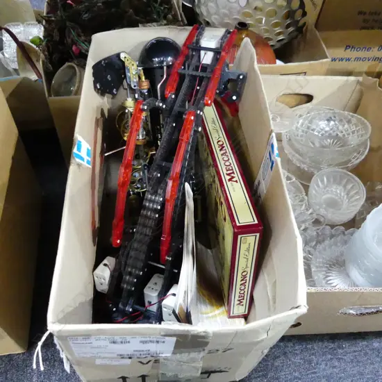 BOX LOT ASST. MECCANO; TRAIN, CRANE, SPECIAL ED. 4 MODEL KIT SET