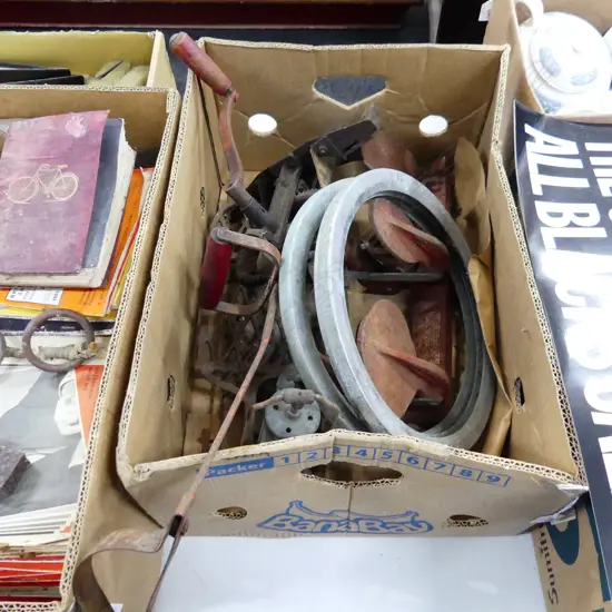 BOX LOT VINTAGE METAL MACHINERY / TOOLS ETC