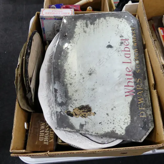 BOX LOT ASST. WHISKY MERCHANDISE; MIRROR ETC