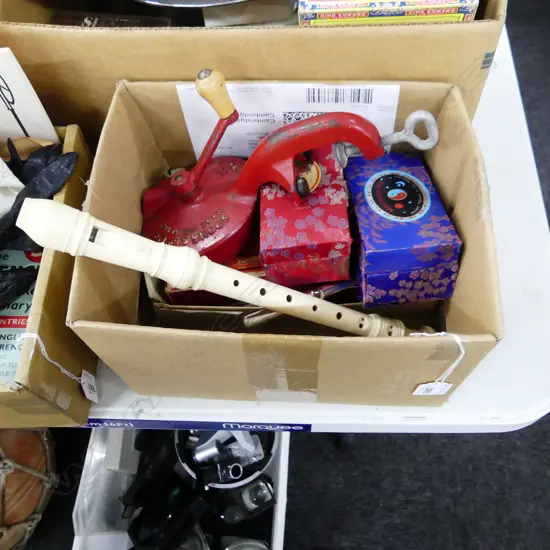 BOX MISC INCL. ORIENTAL MUSICAL BALLS, RECORDER ETC..