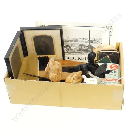 SMALL BOX PHOTOS BRUSHES BOOKS ETC