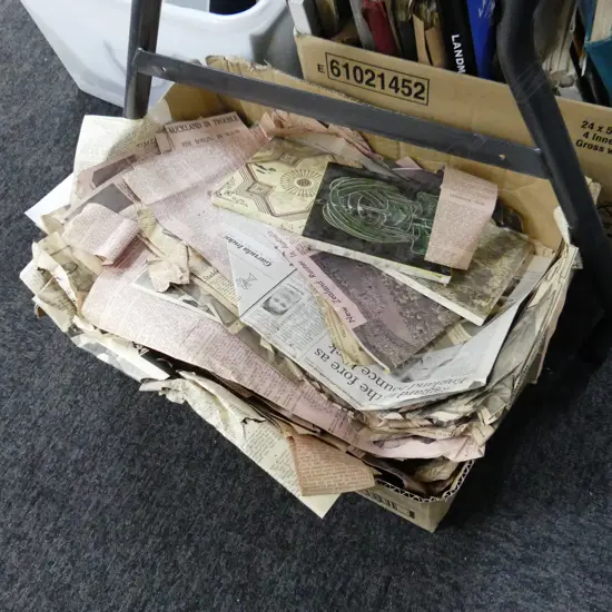 BOX LOT ASST. VINTAGE NEWSPAPER CLIPPINGS ETC