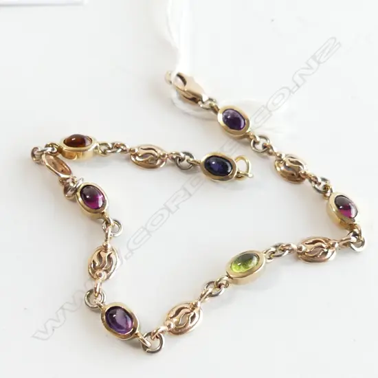 9CT BRACELET w. COLOURED STONES L.190mm 9.1 GRAMS