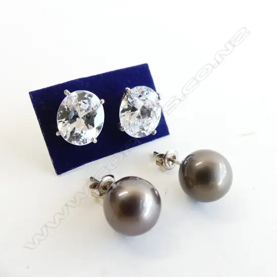 2 PR STUD EARRINGS; 1 PR LG FAUX DIAMONDS & 1 PR BLACK PEARL
