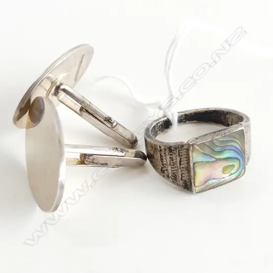 PR LG STG SILVER CUFFLINKS + PAUA SHELL DRESS RING 