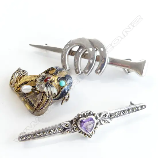 3 ESTATE SILVER BROOCHES; 1 WITH HORSESHOES 
