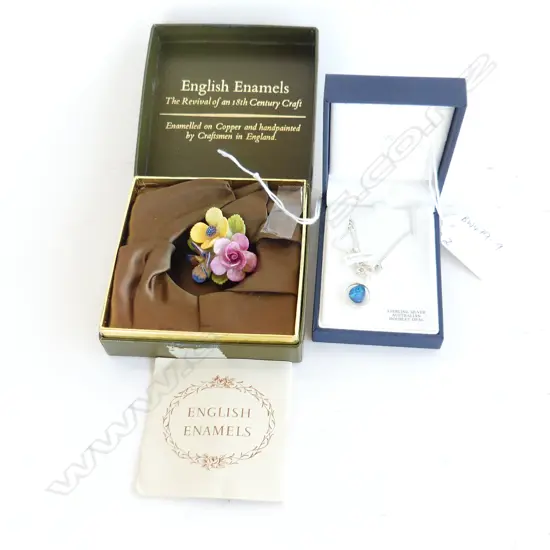 STG SILVER & DOUBLET OPAL PENDANT WITH PLATED CHAIN + ENGLISH ENAMEL FLOWER BROOCH - BOTH IN ORIGINAL BOXES