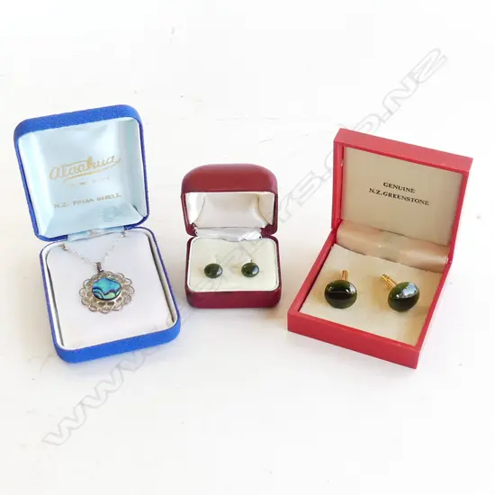 ASST BOXED JEWELLERY; GREEN STONE EARRINGS & CUFFLINKS + PAUA & STG SILVER PENDANT & CHAIN