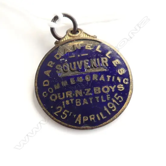 WWI GILT COPPER & BLUE ENAMEL 'DARDANELLES SOUVENIR MEDALLION OUR NZ BOYS 1st BATTLE 25thApril 1915' a.f
