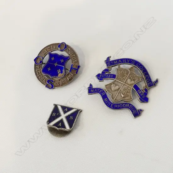 3 STG SILVER & ENAMEL BADGES; ST ANDREWS BY YOUNG & CO, AUCK, ST MARYS COLLEGE & OTAGO GIRLS HIGH SCH. L 40X35 X 20MM
