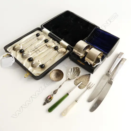 6 STG COFFEE BEAN SPOONS + PR STG NAPKIN RINGS 50 GRAMS, BOTH CASED +  ASST. STG CUTLERY ETC