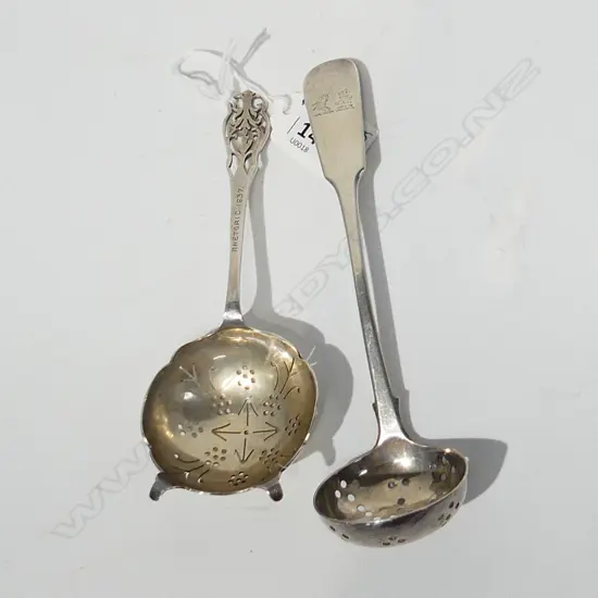 2 STG SILVER SUGAR SIFTER SPOONS GLASGOW 1861, SHEFFIELD 1937 86 GRAMS 