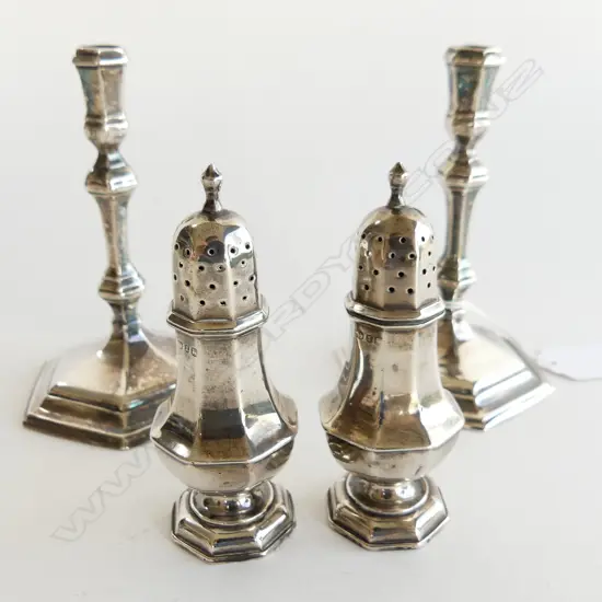 4 PCES STG SILVER; PR CANDLESTICKS (weighted), PR PEPPERETTES 285 GRAMS 