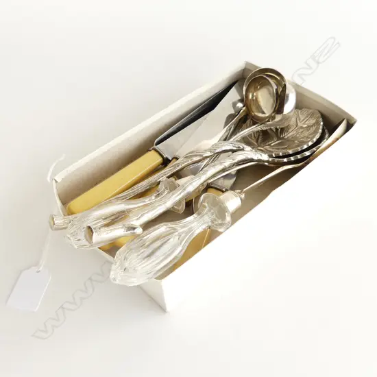 6 IVORINE 'BONE' HANDLED KNIVES + 3 LADLES (1 STG) + 2 PRS SALAD SERVERS (crystal chipped)