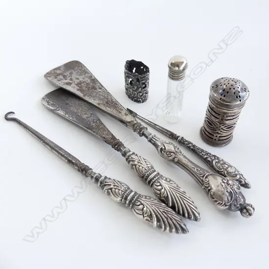 4 STG SILVER HANDLED TOOLS; 2x SHOE HORNS, HOOK & BLADE + 3 OTHER