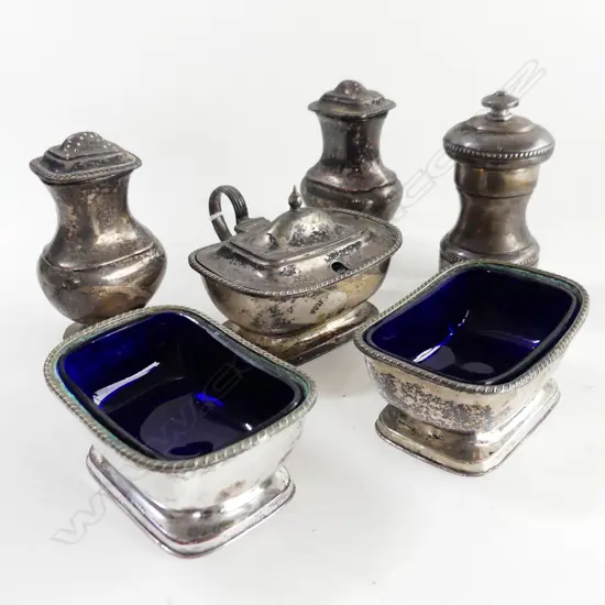6PC SHEFFIELD PLATE CONDIMENT SET WITH BLUE GLASS LINERS H100MM