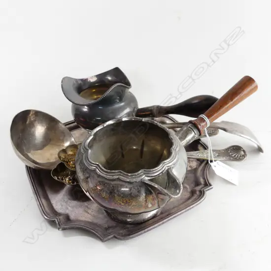 EP SALVER SOUP LADLE PR BERRY SPOONS & 2 SHEFFIELD SAUCE JUGS