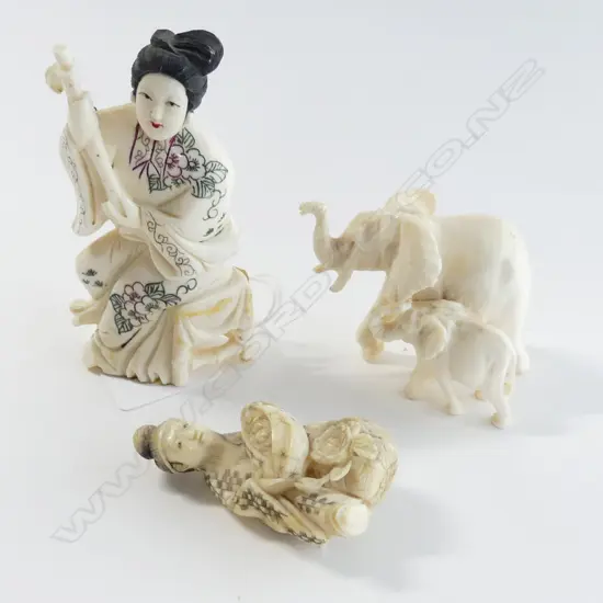3 PCES CARVED IVORY; JAPANESE CABBAGE SELLER NETSUKI H.50mm, WOMAN IN KIMONO, ELEPHANTS