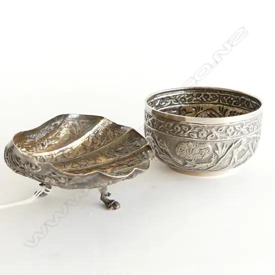 2 PCES INDIAN SILVER; BOWL 95mm dia 91 GRAMS & SHELL W.115mm 85 GRAMS