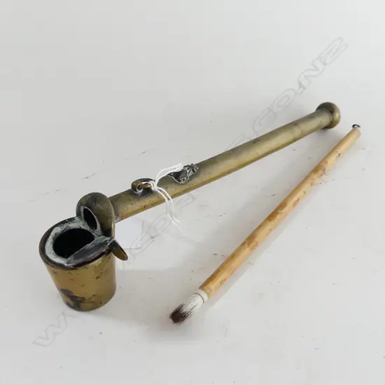 ANTIQUE ORIENTAL BRASS CALLIGRAPHY BRUSH & INKPOT L230MM