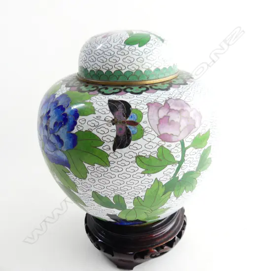 CLOISONNE LIDDED GINGER JAR WITH FLORAL DECORATION H 170 MM WITH STAND