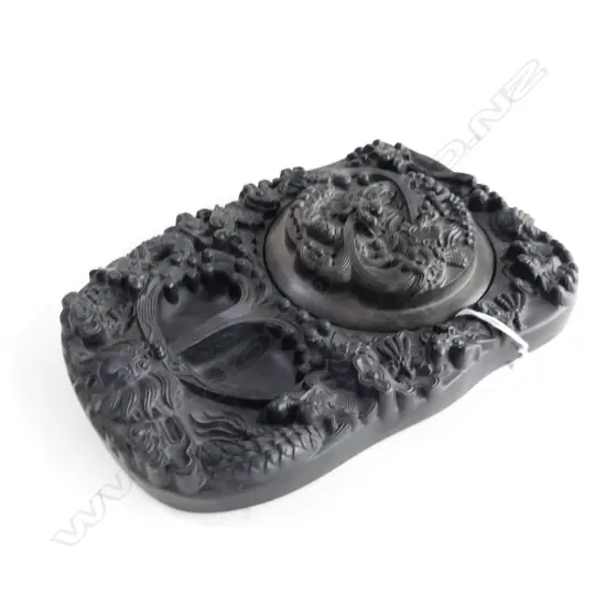 CHINESE INK STONE; CARVED DRAGON DESIGN w. CIRCULAR LID 255x155mm