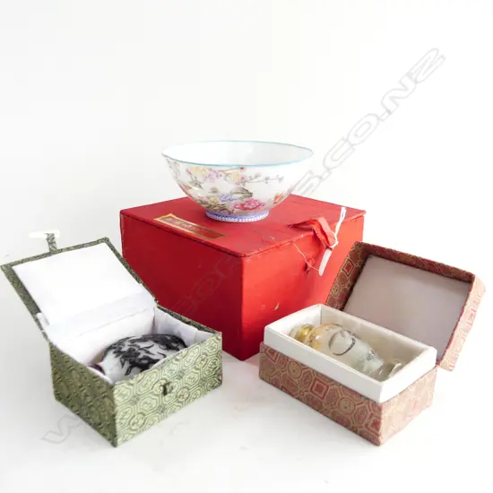 2 CHINESE SNUFF BOTTLES; 1 CARVED OTHER REVERSE PAINTED H.80mm, BOXED + EGG SHELL PORCELAIN BOWL 120mm dia