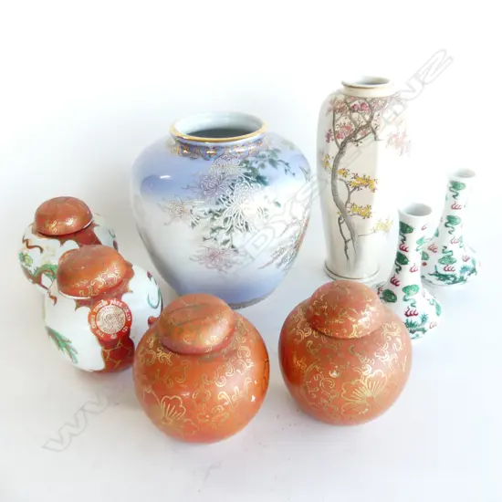 8 ORIENTAL VASES; 4 LIDDED GINGER JARS, PR SPECIMEN VASES, SATSUMA VASE H.185mm, OTHER