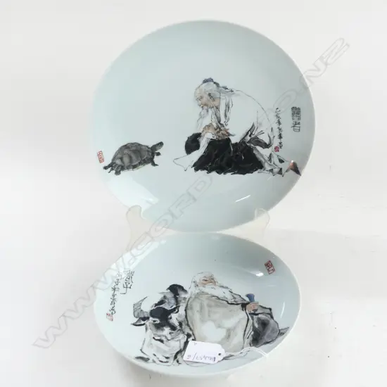 2 HAND PAINTED CHINESE PLATES; OLD MAN w. BULL 200mm dia & TURTLE 255mm dia