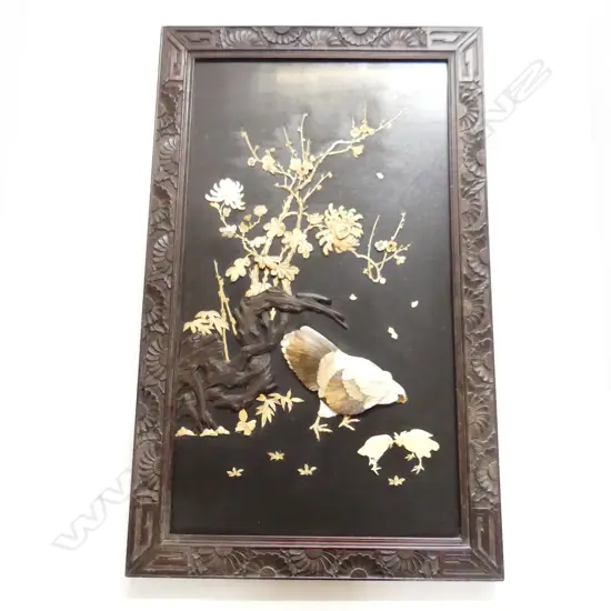 LG CHINESE PANEL; MoP HEN & CHICKENS w. BLOSSOMS 1040x640mm overall...