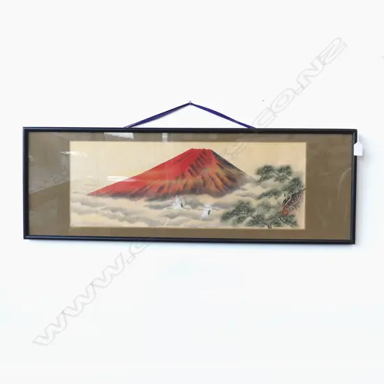 JAPANESE MT FUJI W/C PAINTING framed under glass 310 x 910mm