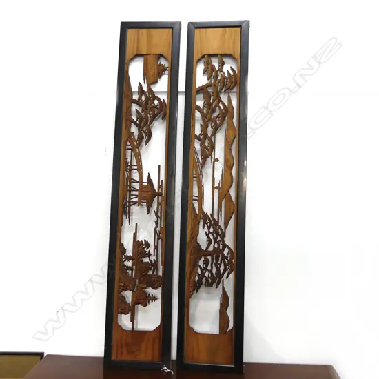 PAIR JAPANESE CARVED CEDAR PANELS 340 x 1860mm