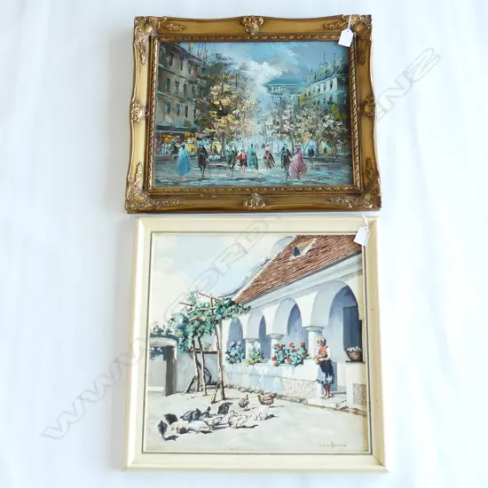 2 OIL ON BOARD ARTWORKS; C. M. VON BERWALD 'FARMYARD SCENE HUNGARY' 395x395mm + SIGNED URBAN STREET SCENE 310x390mm