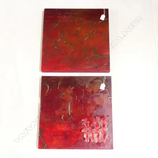 EMMA WRIGHT OIL ON CANVAS 'The Universe likes specific instructions (2 piece) signed & dated '04 Ea.400x400mm.