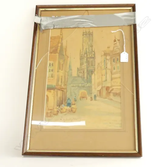 BLYTHE FLETCHER W/C TOWN MARKET SCENE W CATHEDRAL 380 x 240mm glass broken