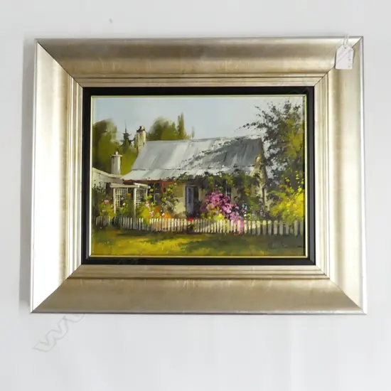 SIGNED OIL - OLD STONE COTTAGE & GARDEN 2005 240x320mm 