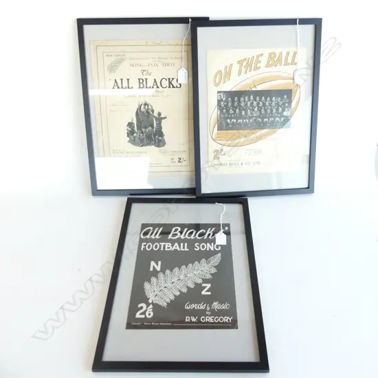 3 VINTAGE ALL BLACKS MUSIC SHEET COVERS, FRAMED 340x260mm