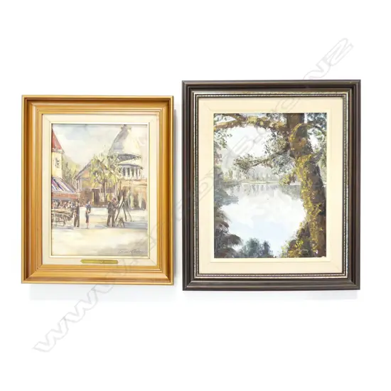 2 OIL ARTWORKS; CHERYL RILEY 'LAKE MATHESON' 345x270mm + TORVALD ANDERSEN URBAN SCENE