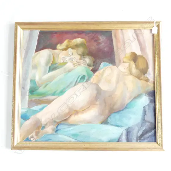 ARTIST UNKNOWN; RECLINING NUDE & REFLECTION, OIL ON BOARD 560x660mm