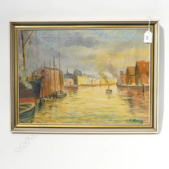VINTAGE SIGNED OIL ON CANVAS - EUROPEAN TOWN w. BOATS ON WATER 300x420mm