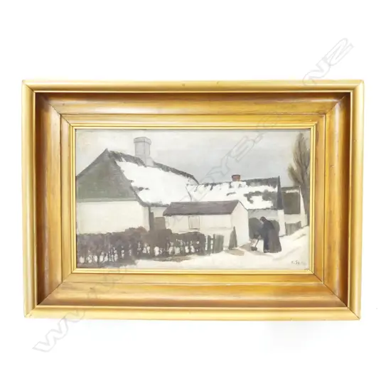 ANTIQUE SIGNED OIL ON CANVAS - BUILDINGS w. SNOW 1919 215x365mm GILT FRAME