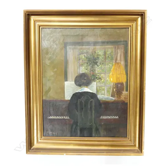 C. HAUG - WOMAN AT PIANO - OIL ON CANVAS 410x320mm GILT FRAME