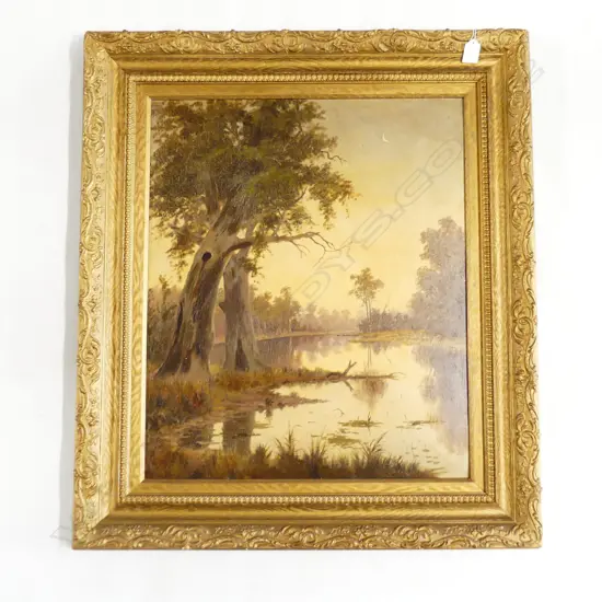 AUSTRALIAN BUSH SCENE OIL ON CANVAS, GILT FRAME 495 X 600MM