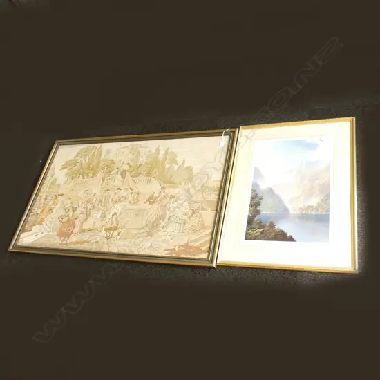 FRAMED BELGIUM TAPESTRY L 1270 MM WITH A  A.K WILSON FRAMED PRINT H 810 MM