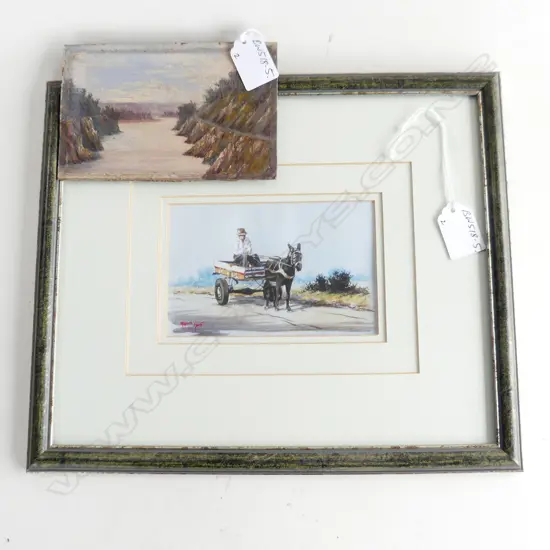 SMALL NZ COLONIAL OIL & FRAMED W/C DONKEY DRAWN CART 