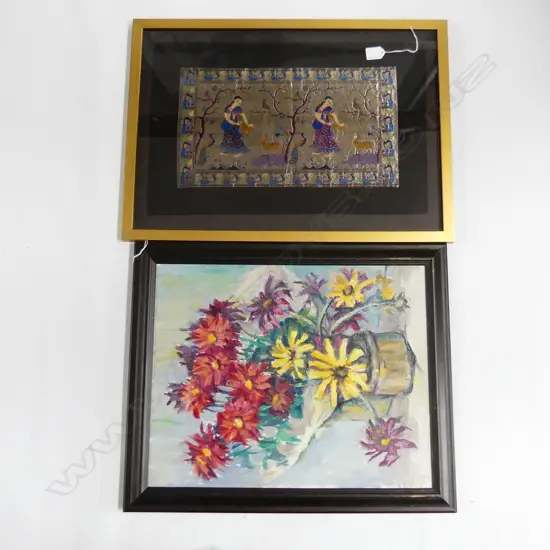 2 ARTWORKS; FRAMED INDIAN EMBROIDERY 400x580mm, FLORAL STILL LIFE OIL ON BOARD 495x395mm