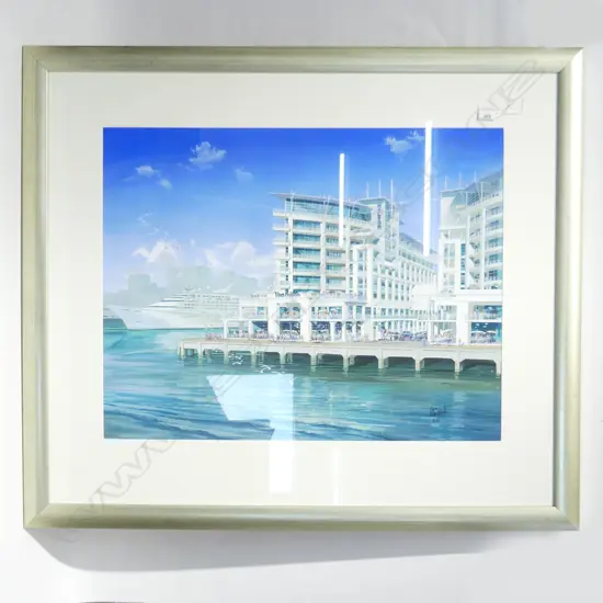 COLIN ALLEN ACRYLIC 'HILTON' AUCKLAND WATERFRONT SIGNED. 530 x 680mm