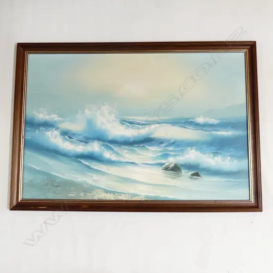 C BARRETT CRASHING WAVES OIL ON BOARD signed 590 x 885mm