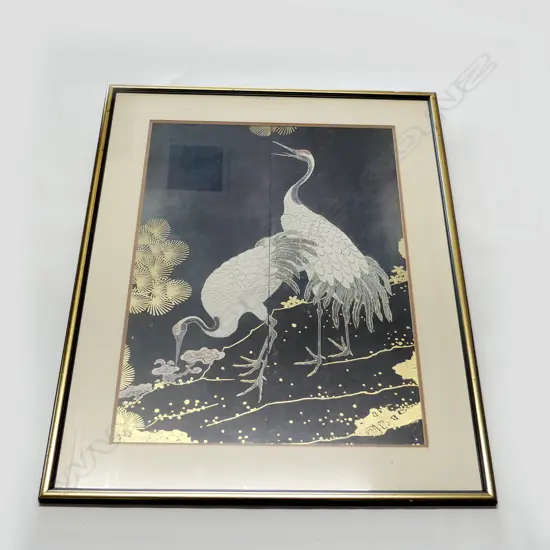18TH CENTURY CHINESE CRANES ON CARDBOARD FRAMED PRINT 450 X 620MM